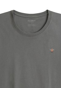 Szara koszulka z krótkim rękawem z okrągłym dekoltem, z małym logo "BASKETBALL" w kolorze czerwonym i niebieskim. Wykonana z miękkiego materiału o gładkiej fakturze.