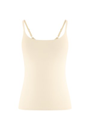 Beige Damen-Trägertop mit verstellbaren Spaghettiträgern und einer glatten, figurbetonten Silhouette.