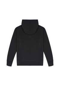 Sudadera negra con capucha redondeada, mangas largas, puños y dobladillo acanalados. Textura suave sin patrones o acentos visibles. Diseño sencillo.