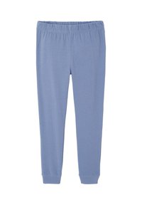 Light blue soft fabric pants with elastic waistband and fitted cuffs, displayed flat on a white background.