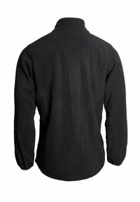 Svart fleecejacka med hög krage, långa ärmar och en mjuk textur. Inga synliga detaljer eller dekorationer.