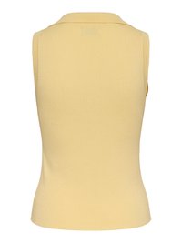 Haut sans manches jaune clair en maille côtelée avec un col doux, vu de dos.