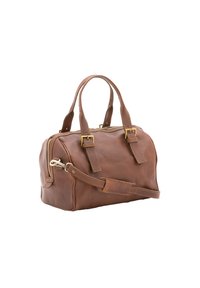 Borsa a mano in pelle marrone con hardware color oro, due manici superiori, tracolla staccabile e dettagli di cucitura laterale. Forma compatta e arrotondata.