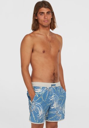 Blue beach shorts with a floral pattern, elastic waistband, drawstring, and side pockets, made from lightweight material.