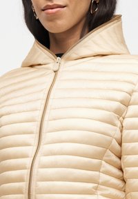 Γυναίκα που φοράει μπεζ μπουφάν καπιτονέ με ψηλό γιακά και φερμουάρ, εμφανίζοντας το κάτω μέρος του προσώπου της και μαύρα μαλλιά με χρυσά σκουλαρίκια κρίκους.