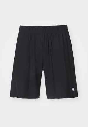 Black shorts with an elastic waistband, made of smooth fabric. Features a small logo on the lower right side and straight cut legs.