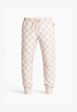 Beige-valkoiset ruudulliset collegehousut, joissa on joustava vyötärönauha, nyörit, sivutaskut ja resorit nilkoissa, valkoisella taustalla.