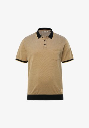 Beige Polo-Shirt mit schwarzem Kragen und Ärmeln, verziert mit gelben Akzenten, einer Drei-Knopf-Leiste, einer Brusttasche und einem Logo am Saum.