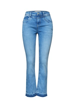 Light blue denim jeans with slight fading, bootcut legs, front button closure, and curved hem detail.