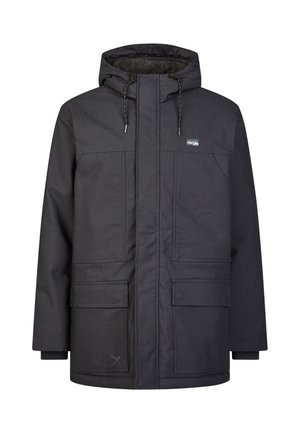 Black winter jacket with hood, front zipper covered by a flap, two chest pockets, and two large lower pockets with flaps.