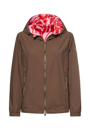 Brown zip-up hooded jacket with elastic cuffs and red and pink patterned inner hood lining, front zipper and zipped pockets.
