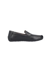 Schwarze Leder-Slipper mit glatter Oberfläche, runder Zehenpartie und flexibler Gummisohle. Verfügt über gestickte Akzente im Obermaterial.