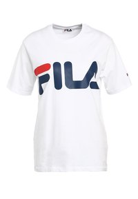 White cotton T-shirt featuring a large blue and red FILA logo on the front, short sleeves, and a crew neckline.