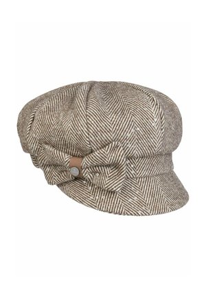 Brown and beige herringbone patterned newsboy cap with small white sequins and a fabric bow on the side featuring a round metal logo tag.