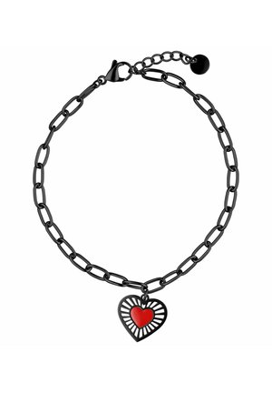 Black chain bracelet featuring an openwork heart charm with a red center. The chain has elongated links and a clasp with an adjustable chain.