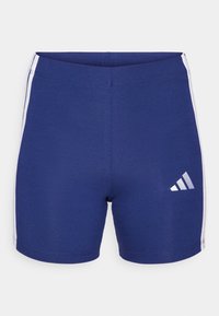 Pantaloni sportivi blu navy realizzati in tessuto elasticizzato, con strisce bianche sui lati e un logo metallico sulla parte inferiore destra.