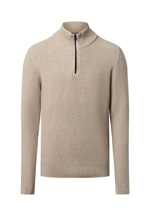 Beiger Strickpullover mit einem Viertelreißverschluss, strukturiertem Design, hohem Kragen, langen Ärmeln sowie gerippten Bündchen und Saum.