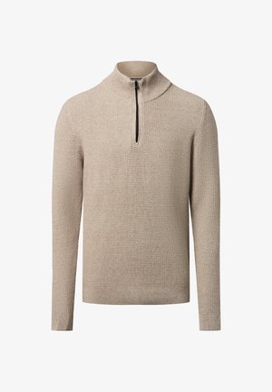 Chandail en tricot beige avec une fermeture éclair quart de longueur, une texture travaillée, un col montant, des manches longues et des poignets et ourlet côtelés.