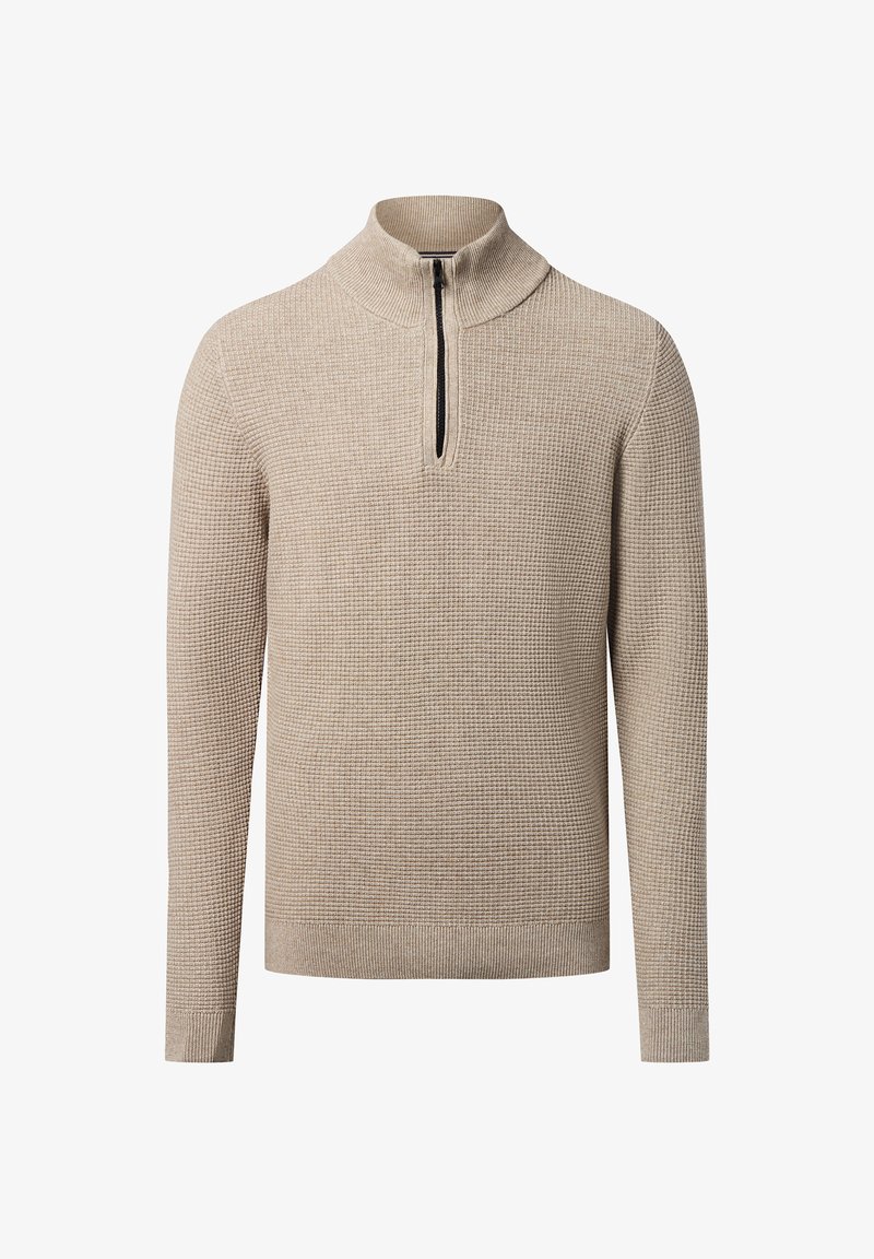 Beiger Strickpullover mit einem Viertelreißverschluss, strukturiertem Design, hohem Kragen, langen Ärmeln sowie gerippten Bündchen und Saum.