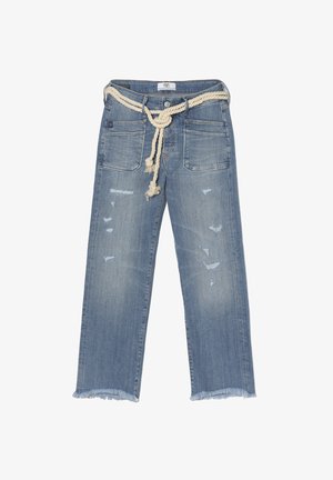 Helle blaue Denim-Jeans mit einem Seilgürtel, distressed Details und ausgefransten Säumen. Verfügt über fünf Taschen und ein lockeres Design.