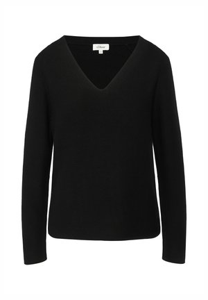 Maglione nero a maniche lunghe con scollatura a V, realizzato in un tessuto lavorato a maglia testurizzato. Presenta un orlo dritto e un'etichetta del marchio discreta.