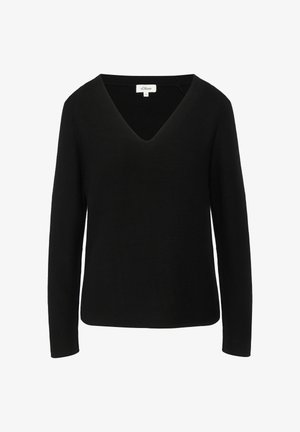 Black long-sleeve sweater with a V-neck design, made of a textured knit fabric. Features straight-cut hem and subtle brand label.