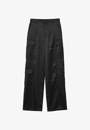 Black wide-leg cargo pants with button waist, belt loops, side slant pockets, and two flap pockets on each leg.