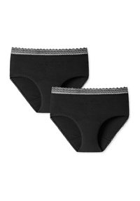 Schwarze Unterhosen aus Baumwolle mit einem Spitzenbesatz am Bund. Zwei Paare sichtbar, mit weichem Material und klassischem Schnitt.