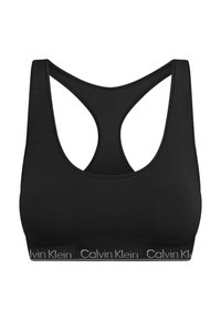 Svart sports-BH med racerback-design, laget av glatt stoff. Har en kontrastfarge hvit Calvin Klein-logo på den elastiske bindingen.