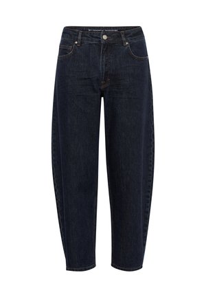 Dark blue high-waist relaxed fit jeans with front pockets, button closure, and visible stitching on a white background.
