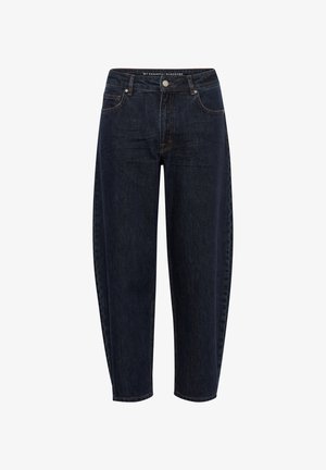 Jean bleu foncé taille haute à coupe décontractée avec poches avant, fermeture à boutons, et coutures visibles sur fond blanc.