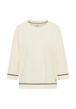 Cremfarbener Langarmshirt mit schwarzem Besatz an den Ärmelabschlüssen und am Saum, rundem Ausschnitt und Markenlabel "Cecil" im Kragen.