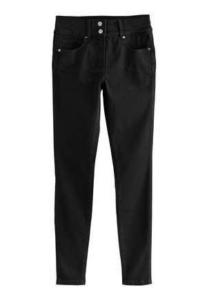Černé skinny džíny s vysokým pasem, které mají dvě přední kapsy, dvě zadní kapsy a kovové zapínání na knoflíky.