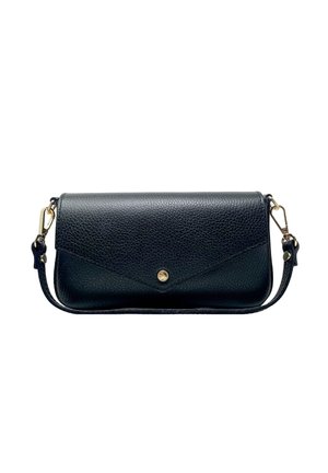 Borsa a pochette nera in pelle con superficie texture, dotata di una chiusura a scatto dorata e una tracolla rimovibile per maggiore versatilità.