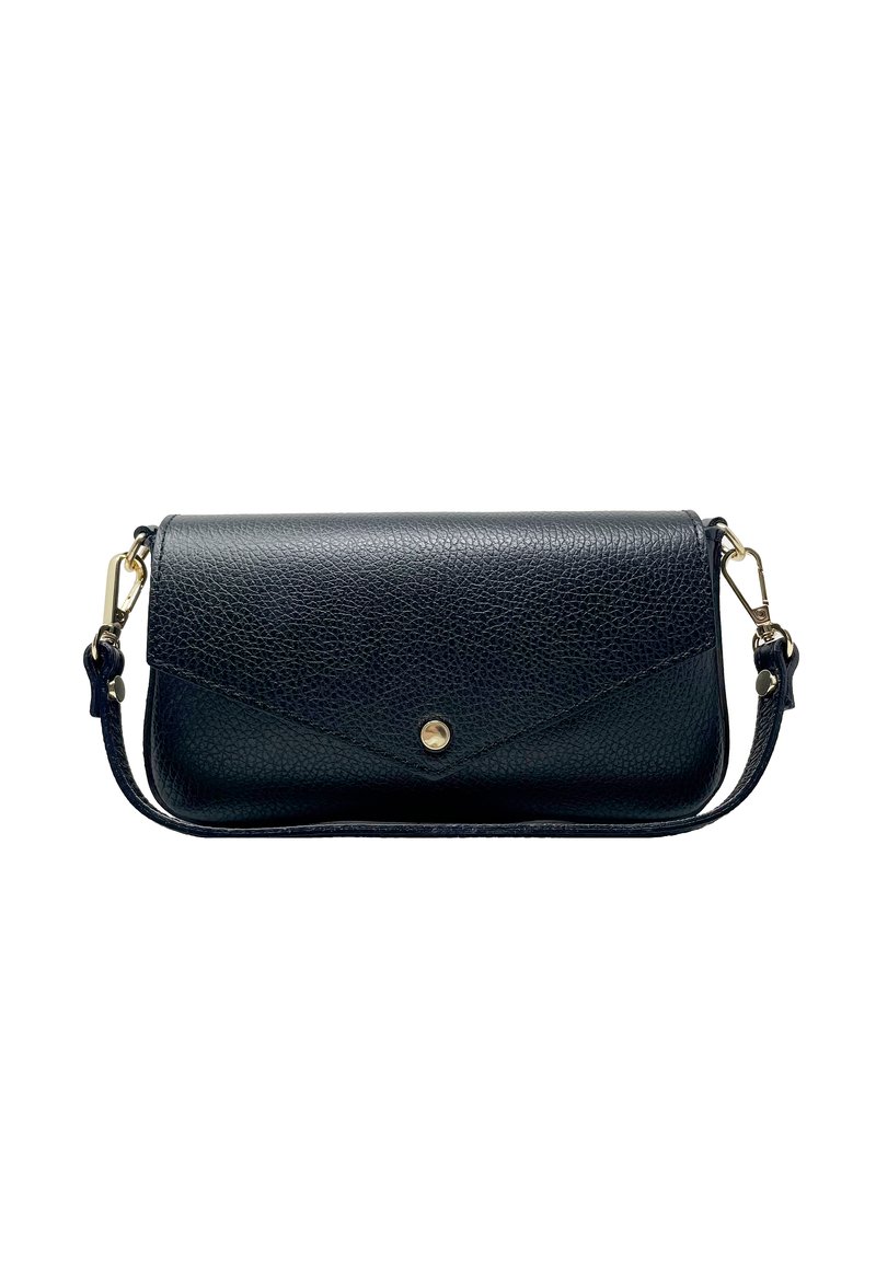 Borsa a pochette nera in pelle con superficie texture, dotata di una chiusura a scatto dorata e una tracolla rimovibile per maggiore versatilità.