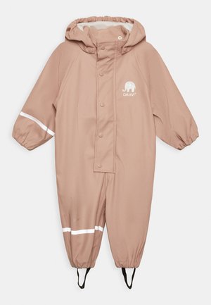 Baby snowsuit in light pink waterproof fabric, featuring a hood, snap closure, elastic cuffs, reflective accents, and an elephant logo.
