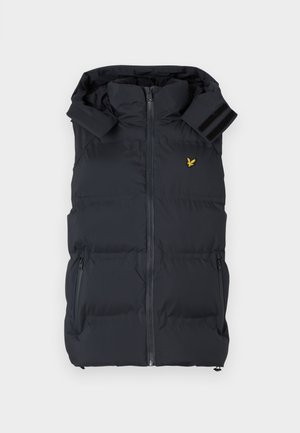 Doudoune noire sans manches avec un col haut, fermeture éclaire sur le devant, deux poches latérales et des accents aux épaules. Présente un petit logo jaune sur la poitrine.