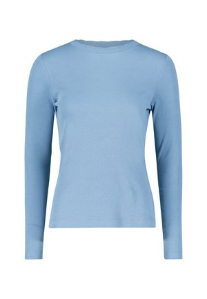 Maglia azzurro chiaro a maniche lunghe realizzata in tessuto morbido; presenta un collo rotondo e una silhouette aderente senza abbellimenti visibili.