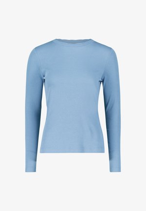 Helles blaues Langarmshirt aus weichem Stoff; verfügt über einen Rundhalsausschnitt und eine figurbetonte Silhouette ohne sichtbare Verzierungen.