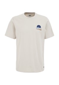 Beige pamut póló rövid ujjakkal, bal mellkason kék nap és hullám mintával, valamint egy kis logóval az alsó szegély közelében.