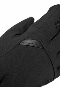 Schwarze Handschuhe aus einem glatten, elastischen Material mit Lederakzenten. Das Design umfasst eine nahtlose Verarbeitung und verstärkte Nähte.