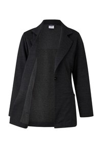 Blazer noir ajusté en tissu doux, doté d'un col cranté, d'un unique bouton et de poches latérales. Design à l'avant ouvert, avec un minimum de détails.