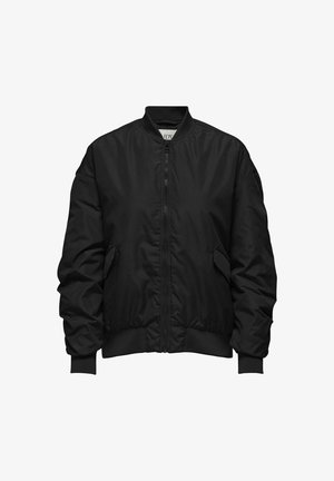 Čierna bomber bunda vyrobená z hladkého nylonu. Má rebrovaný golier, manžety a lem, dve bočné vrecká a predné zapínanie na zips.