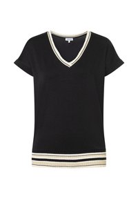 Zwart T-shirt met korte mouwen en V-hals, voorzien van een geribbelde nek en een gestreepte zoom met crèmekleurige en zwarte patronen. Zachte stof, relaxte pasvorm.