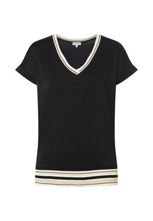 Schwarzes kurzärmeliges V-Ausschnitt-Top mit einem gerippten Halsausschnitt und einem gestreiften Saum in Creme- und Schwarzmustern. Weiches Material, lockere Passform.