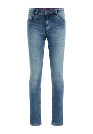 Niebieskie jeansy typu slim-fit z wyblakłym efektem prania, z przodem zapinanym na guzik i suwak oraz standardowym fasonem z pięcioma kieszeniami.