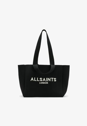 Čierna plátená taška na rameno s dvojitými držadlami, s bielym vyšívaným textom "ALLSAINTS LONDON." Obdĺžnikový tvar, minimalistický dizajn.