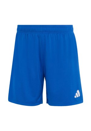 Blaue Sportshorts mit elastischem Bund und weißem Adidas-Logo am unteren rechten Bein, isoliert auf weißem Hintergrund.