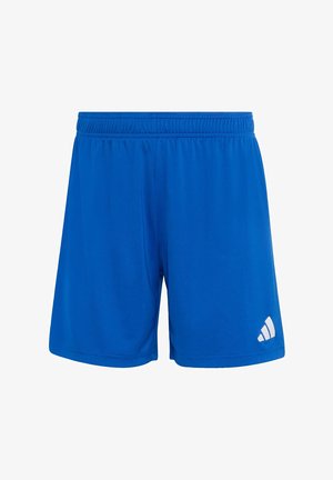 Blaue Sportshorts mit elastischem Bund und weißem Adidas-Logo am unteren rechten Bein, isoliert auf weißem Hintergrund.