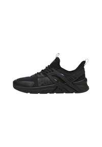Scarpa da ginnastica nera con tomaia in rete testurizzata, suola in gomma rinforzata, dettaglio logo prominente e linguette alla caviglia per una facile vestibilità.